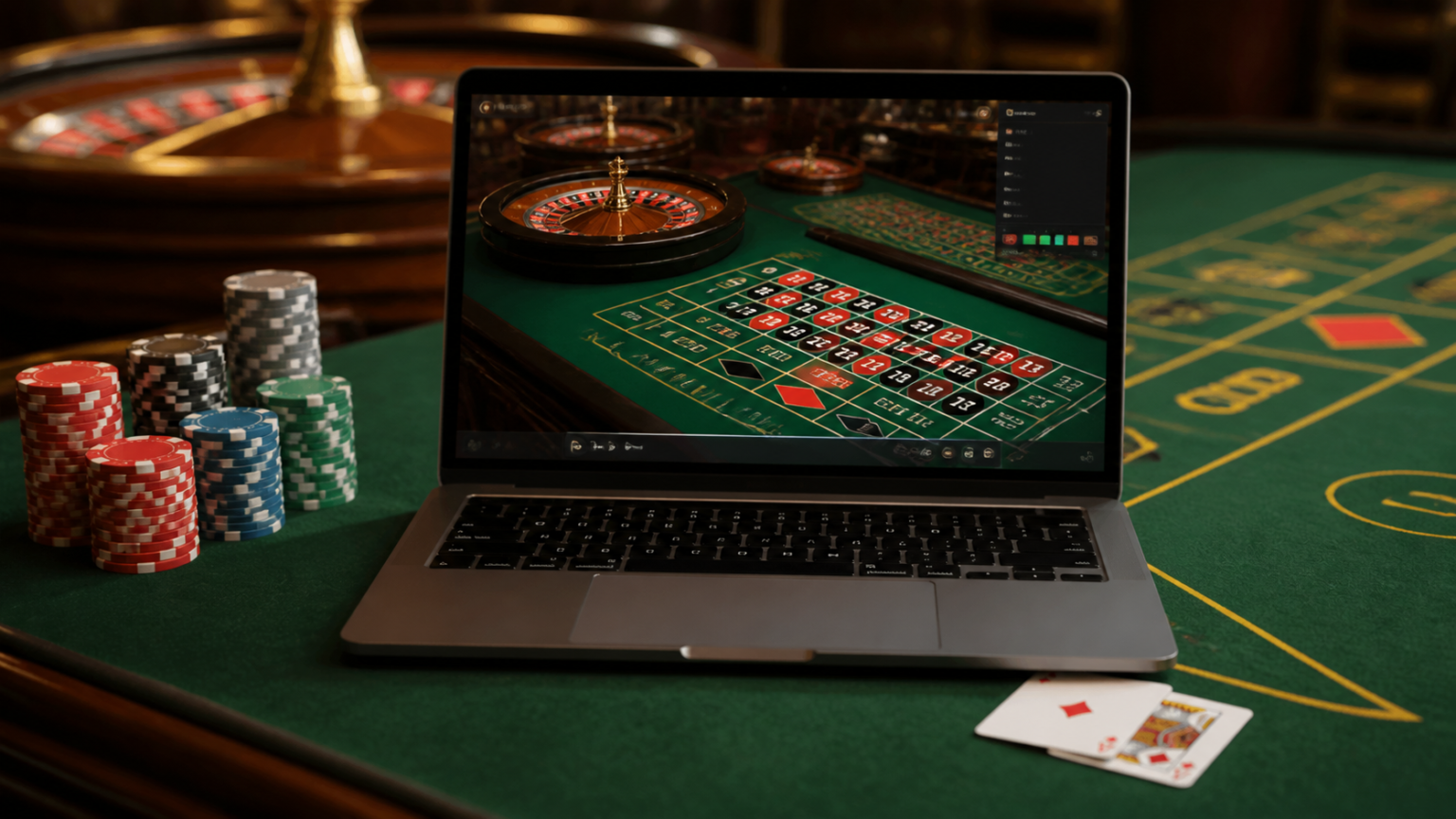 本人確認不要のオンラインカジノを利用する際の注意点とチェック項目 Laptop with online betting interface and casino chips