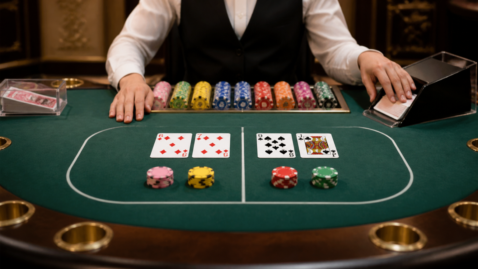baccarat là gì? Luật chơi và cách hiểu bàn baccarat Bàn baccarat với bài tây và chip cược trong sòng bài