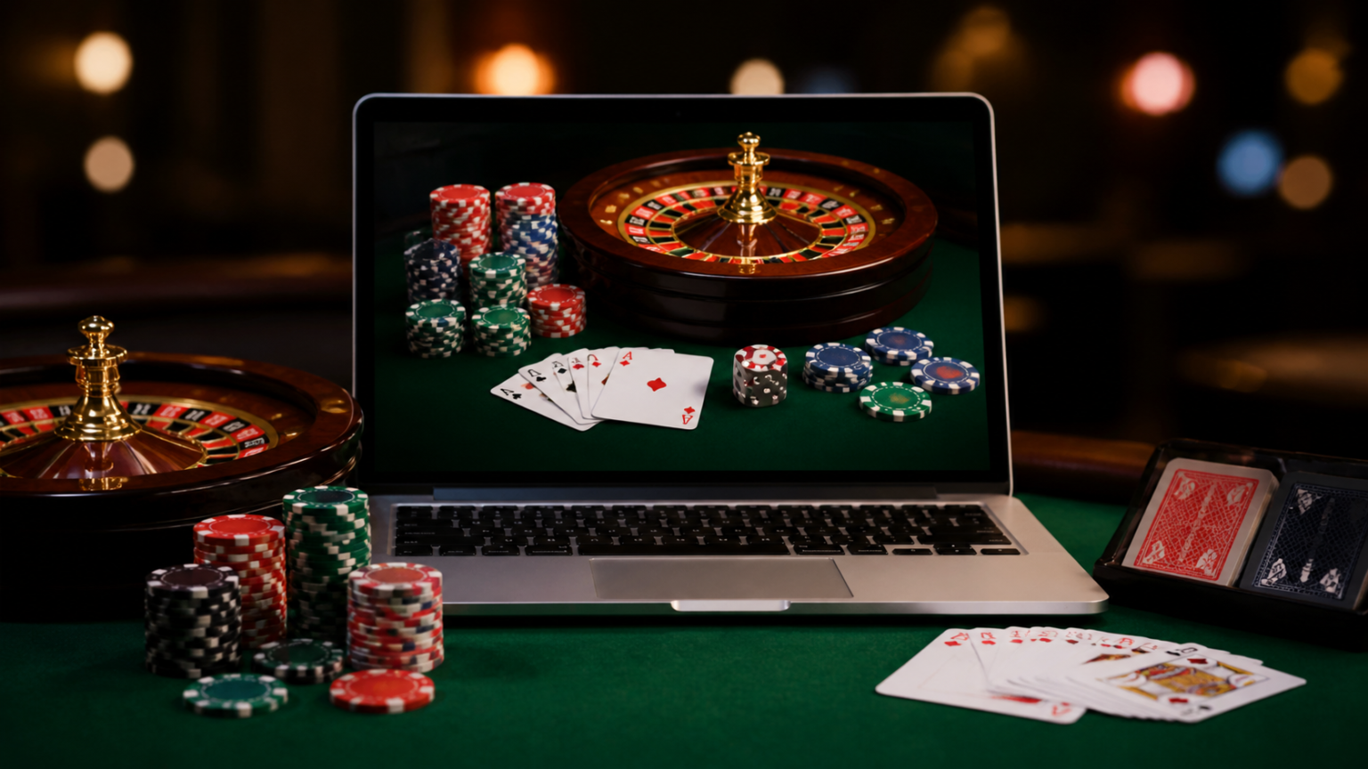 Online casino gaming on a laptop with chips and cards