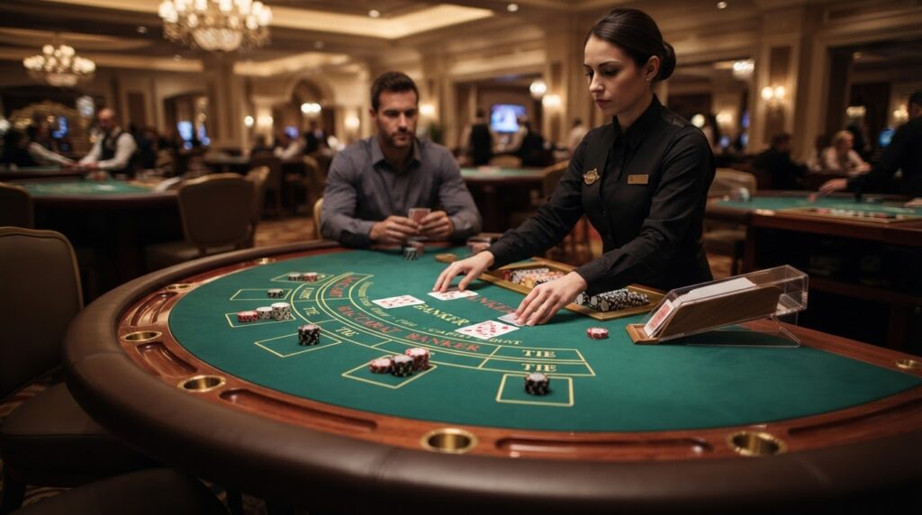 Cẩm Nang Chơi Baccarat Online Uy Tín Và Chiến Lược An Toàn Bàn chơi baccarat online uy tín với bộ bài và chip sòng bài cao cấp
