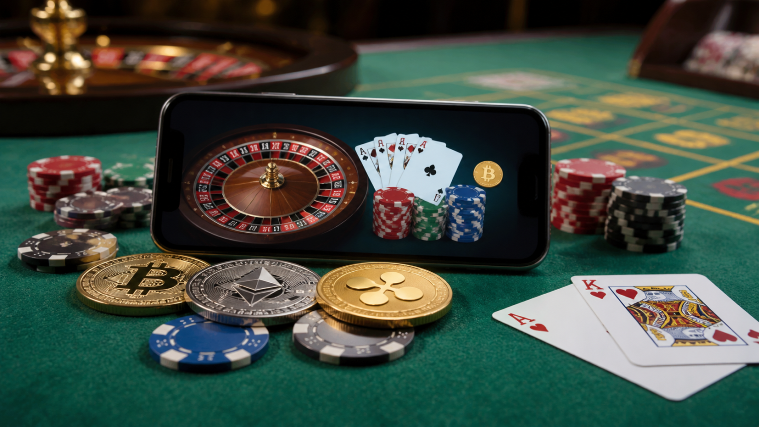 仮想通貨 カジノ コインで楽しめるスロットカジノの特徴とゲーム選び Smartphone showing a crypto casino online game beside a casino table