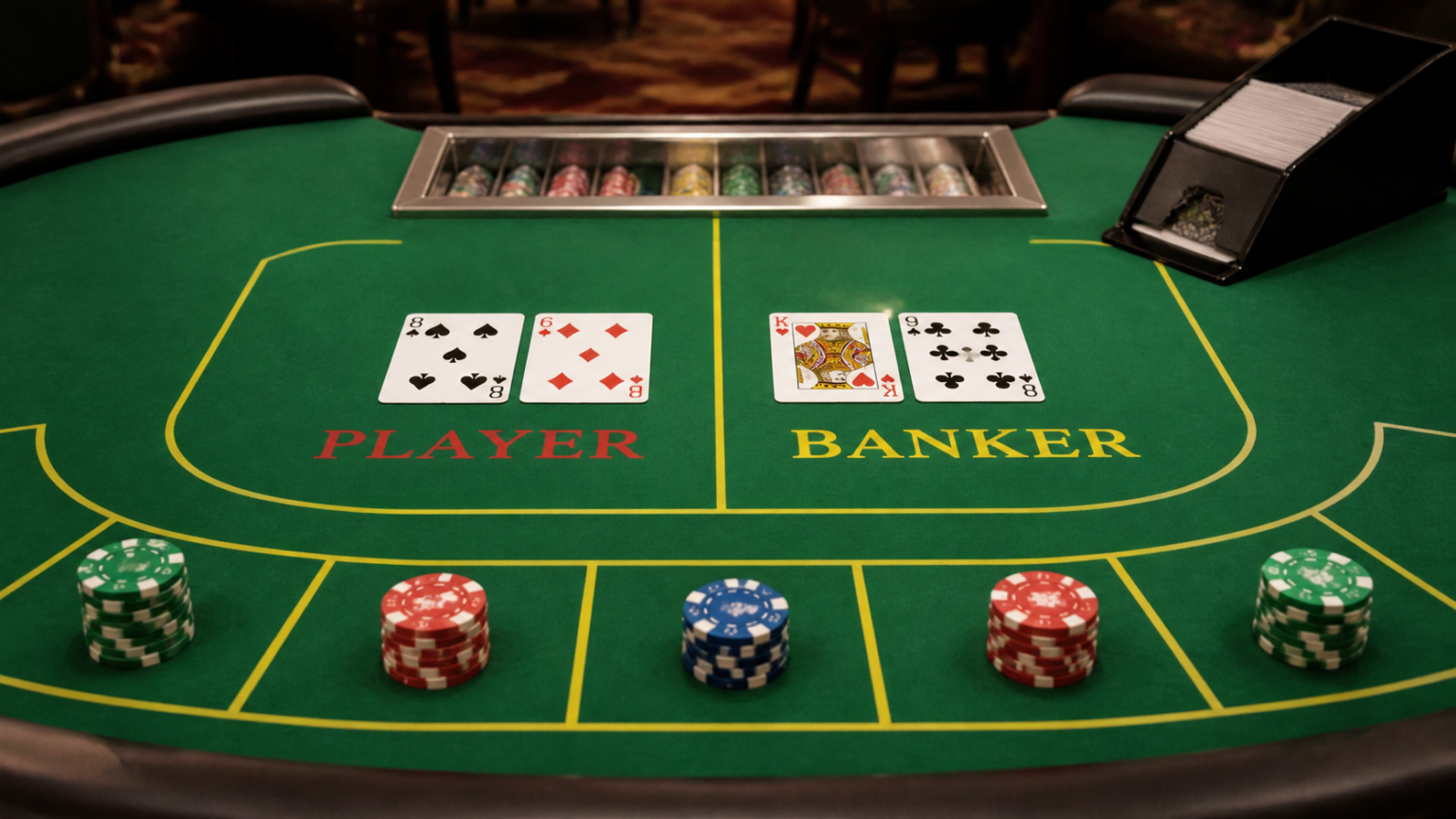 Đánh baccarat trực tuyến: Cách chơi và lưu ý thiết thực Bàn baccarat với bài, phỉnh và các ô cược Player, Banker