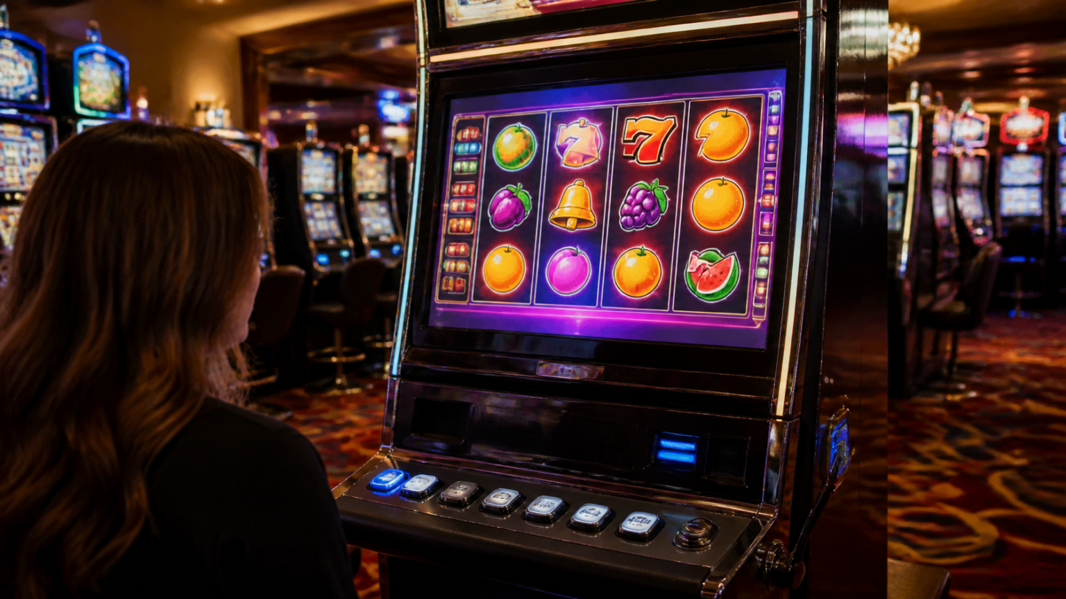 Game nổ hũ: Cách hiểu lối chơi và chọn trải nghiệm phù hợp Máy trò chơi nổ hũ với các cuộn biểu tượng trong khu vực casino