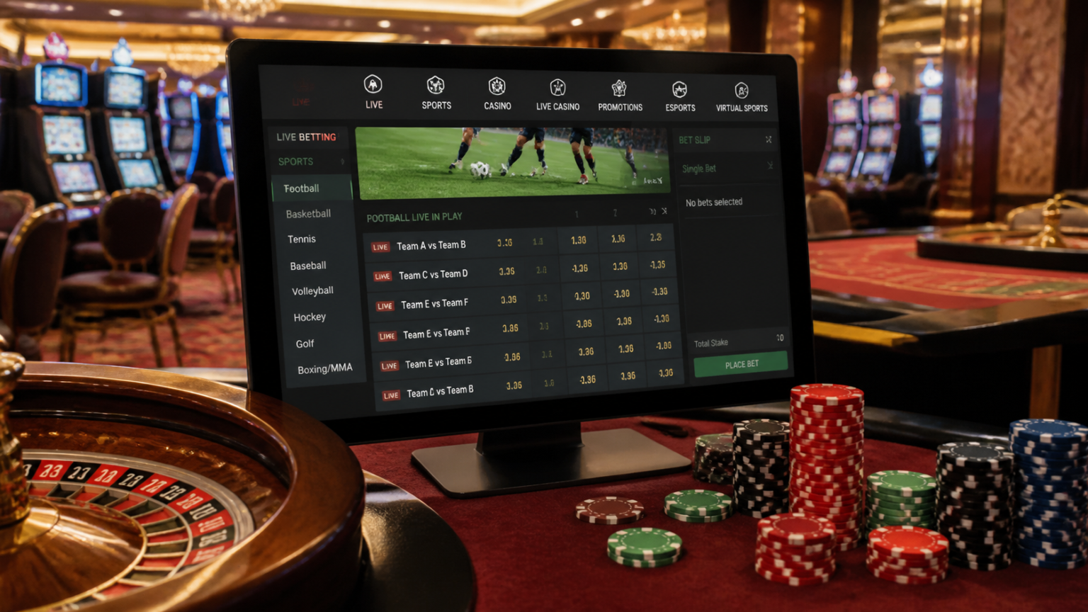 How to Evaluate Betting Sites for a Better Experience Casino scene with a sports betting website on screen