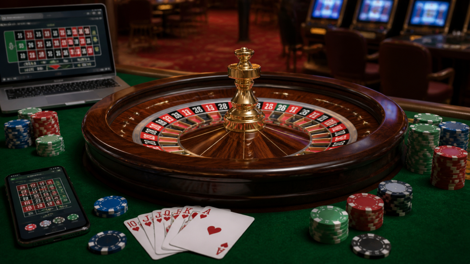 Laptop showing an online betting interface with casino chips and cards
