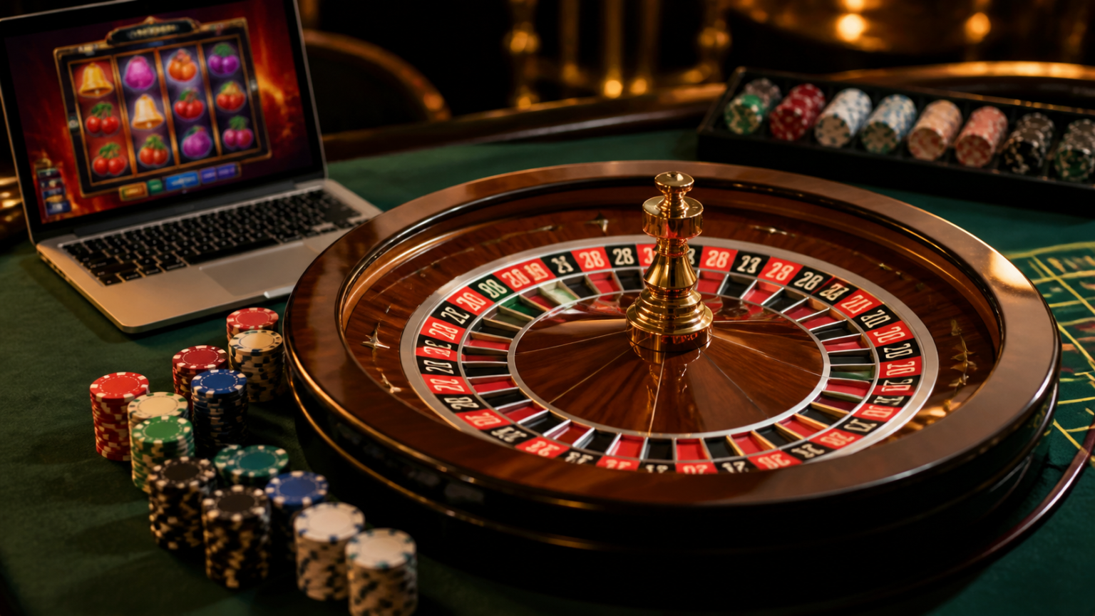 How to Evaluate the Best Online Casino Experience Online casino gaming setup with slots, chips, and roulette wheel