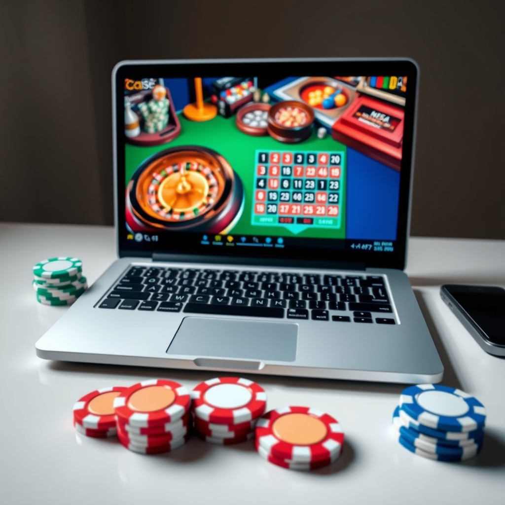 Siti poker online: checklist pratica prima di aprire un account Laptop displaying an online casino roulette game with casino chips beside it