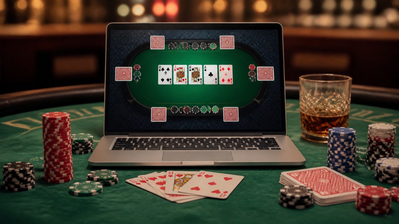 Poker Game Online: What Players Should Know Before Starting Poker chips and cards on a table beside a laptop showing online poker