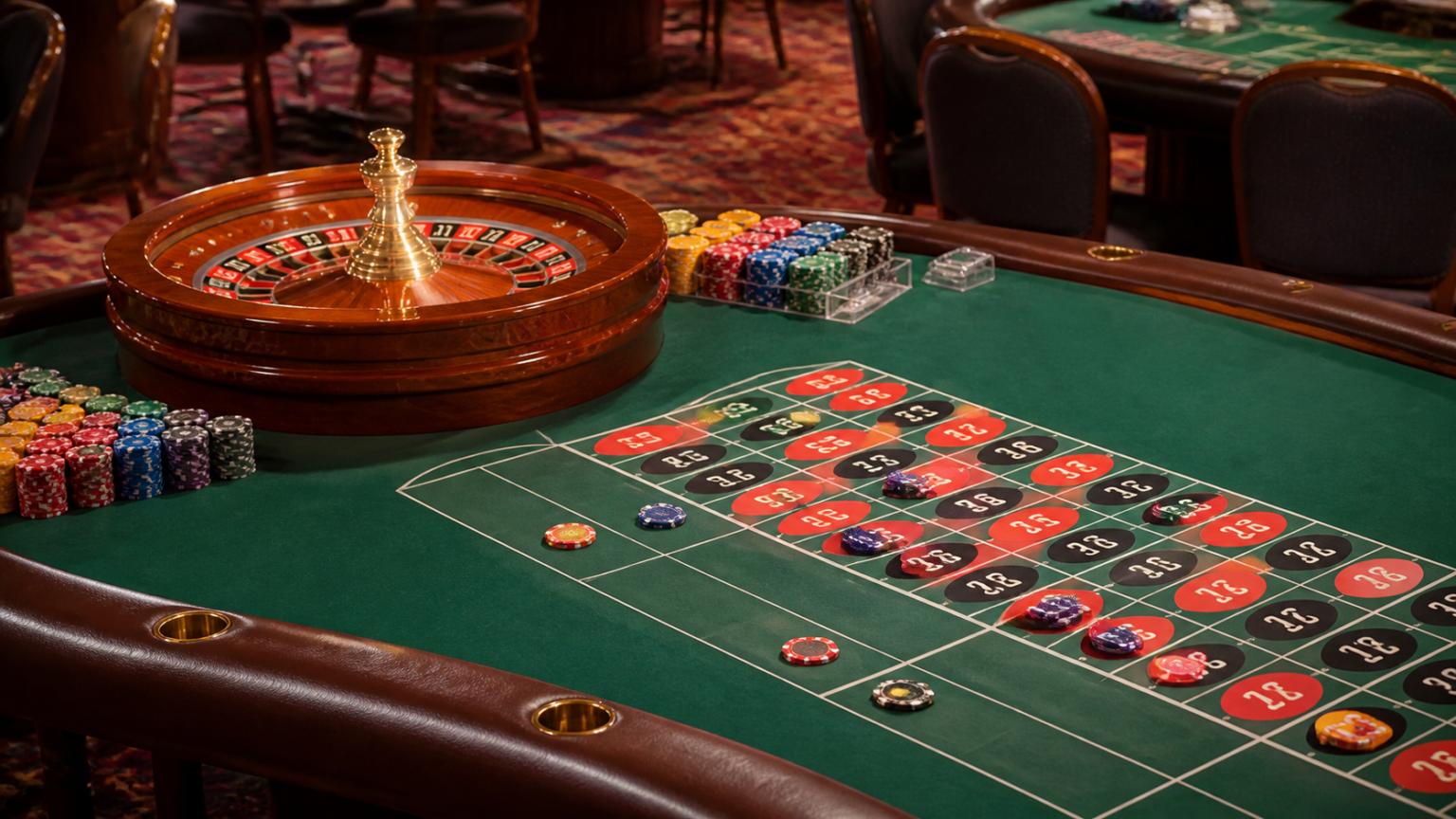 Tìm Hiểu Game Tài Xĩu Qua Các Nguyên Tắc Xác Suất Cơ Bản Bàn roulette trong sòng bạc với vòng quay và bàn cược màu xanh